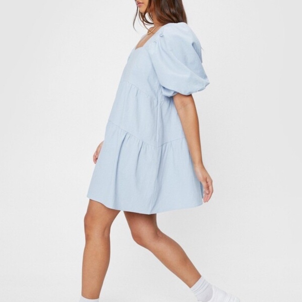 Nasty Gal Linen Look Puff Sleeve Smock Tiered Mini Dress Size Large NEW - Picture 4 of 6